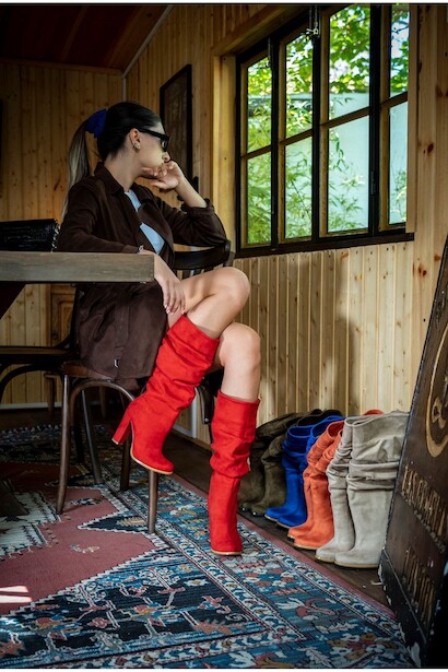 Kadın Kalın Topuk Körüklü Kısa Çizme Kalde  Kırmızı Süet 4