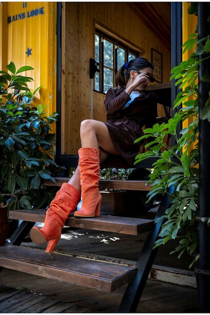 Kadın Kalın Topuk Körüklü Kısa Çizme Kalde  Turuncu 4