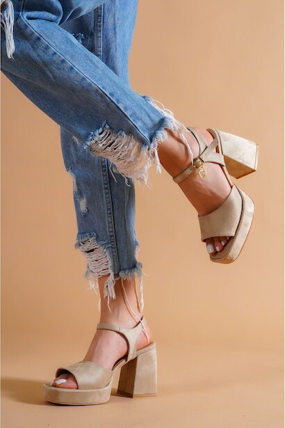 Kadın Alçak Platform Topuklu Ayakkabı Amelia  Ten Süet  4