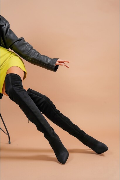 Kadın Yarım Fermuar Diz Üstü Streç Çizme Betty  Siyah Süet 4