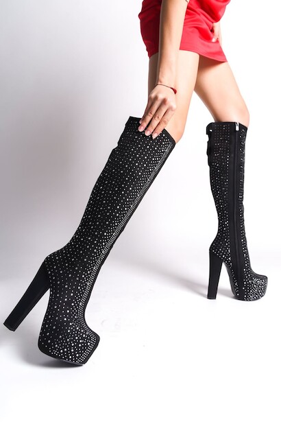 Kadın Komple Taş Detay Yüksek Topuklu Çizme Catty  Siyah Süet 4