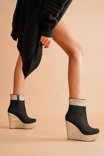 Kadın Dolgu Topuk Fermuarlı Bot Daina  Gold;siyah 4