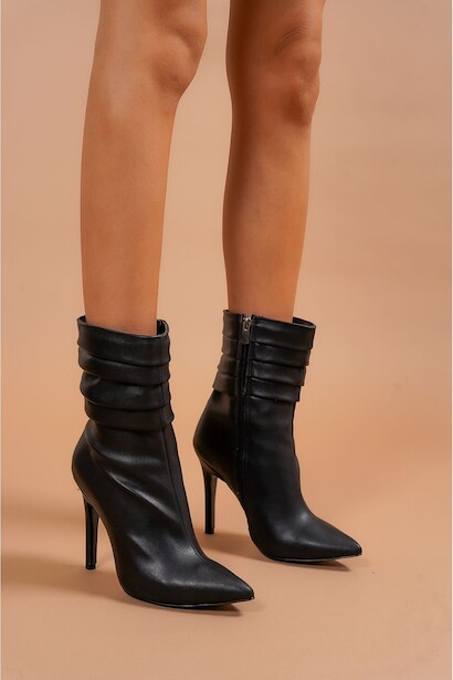 Kadın Pileli İnce Topuk Bot Diamond  Siyah Cilt 4