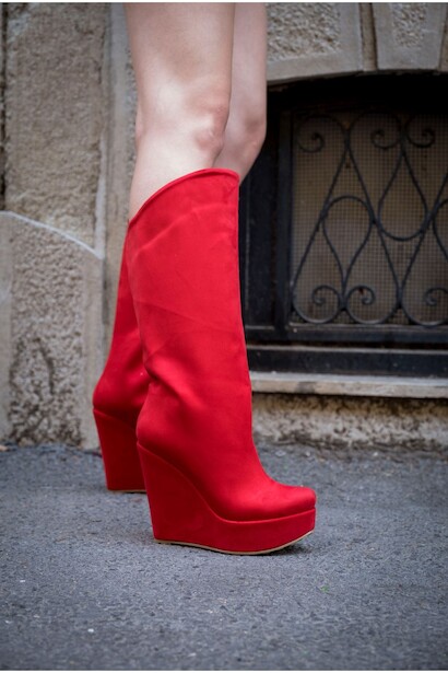 Kadın Dolgu Topuk Diz Altı Çizme Elin  Kırmızı Süet 4