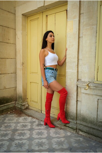 Kadın Kısa Topuk Sivri Burun Diz Üstü Çizme Firefly  Kırmızı Süet 4