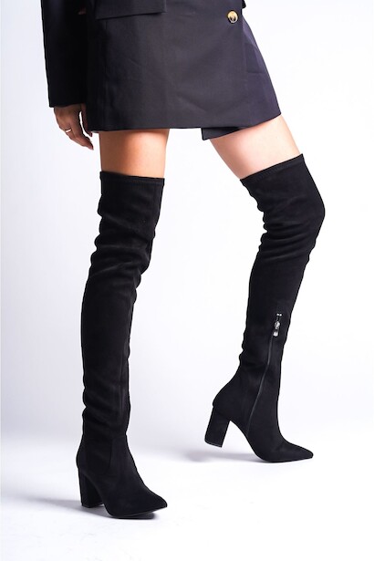 Kadın Kısa Topuk Sivri Burun Diz Üstü Çizme Firefly  Siyah Süet 4