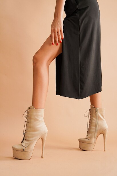 Kadın Yüksek Topuk Bağcıklı Bot Gray  Ten 4