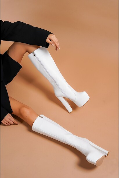Kadın Platform Topuklu Fermuarlı Çizme Lily  Beyaz Cilt  4