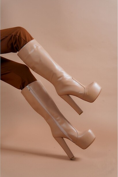 Kadın Platform Topuklu Fermuarlı Çizme Lily  Nude Cilt 4
