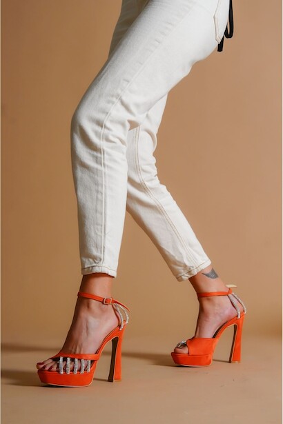 Kadın Taş Detaylı Alçak Platform Tasarım Ayakkabı Melanie Turuncu  4