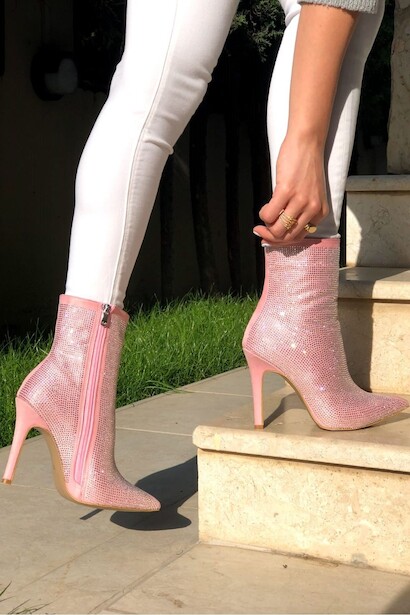 Kadın Taş Baskılı Sivri Bot Patters