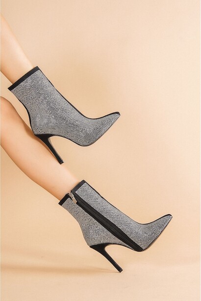 Kadın Taş Baskılı Sivri Bot Patters  Siyah 4