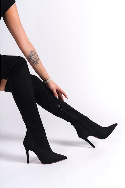 Kadın Yarım Fermuar Diz Üstü Streç Çizme Anjelika  Siyah Süet 4