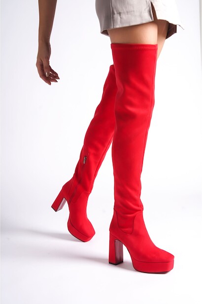 Kadın Kalın Topuk Diz Üstü Streç Çizme Valencia  Kırmızı Süet 4