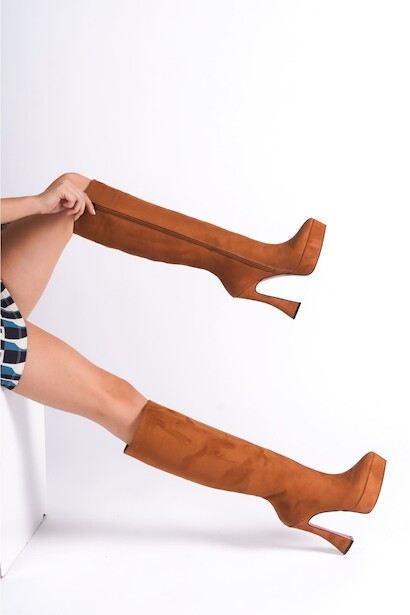 Kadın Sivri Burun Platform Çizme Violet  Taba Süet 4