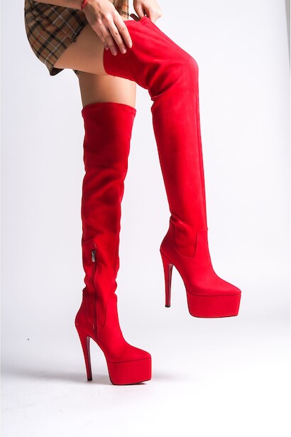 Kadın Sivri Burun Yüksek Topuklu Diz Üstü Streç Çizme Isabella 