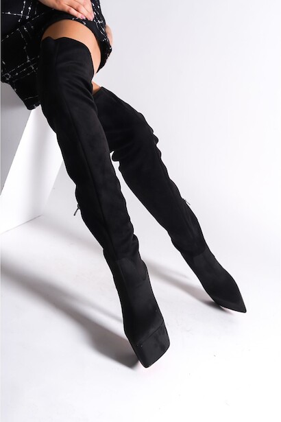 Kadın Sivri Burun Yüksek Topuklu Diz Üstü Streç Çizme Isabella  Siyah Süet 4