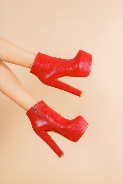 Kadın Yüksek Topuk Platform Bot Punta  Kırmızı Krokodil  4