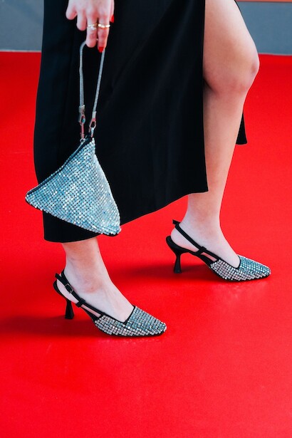 Siyah Siyah Gümüş Parıltı Taşlı Tasarım Topuklu Ayakkabı Giroa 