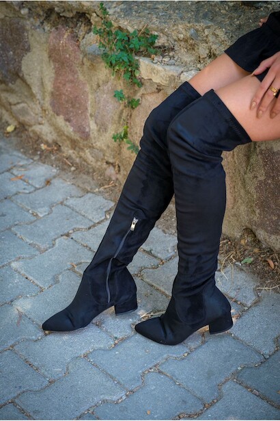 Kadın Kısa Topuklu Diz Üstü Streç Çizme Fiero Siyah Süet  4