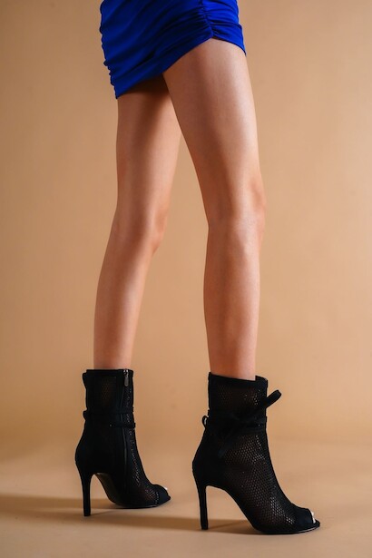 Kadın Fileli Tasarım İpli İnce Topuklu Ayakkabı Sugar Siyah  4