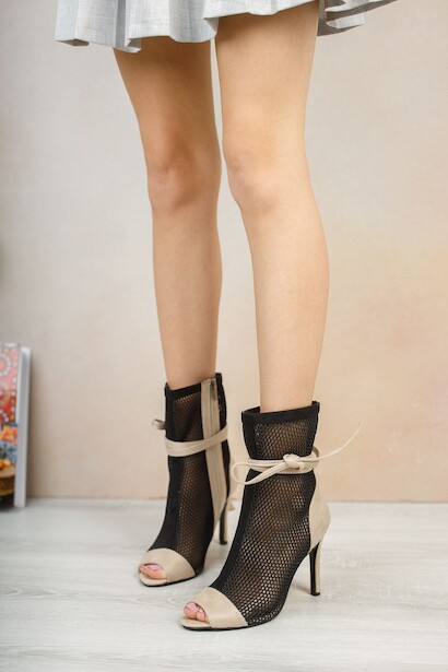 Kadın Fileli Tasarım İpli İnce Topuklu Ayakkabı Sugar Siyah;ten  4