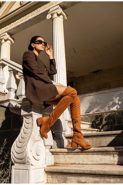 Kadın Kısa Kalın Topuklu Diz Üstü Streç Çizme Mirage Taba Süet  4