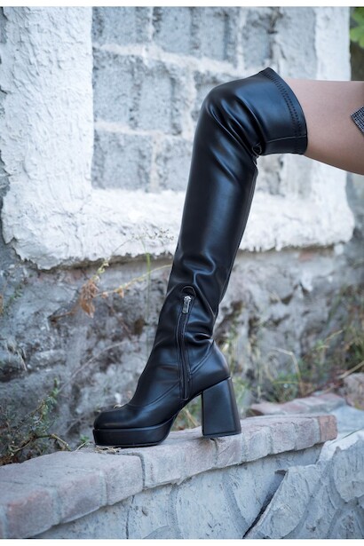 Kadın Kalın Topuk Diz Üstü Streç Çizme Emery 