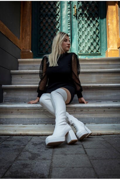 Kadın Kalın Topuk Diz Üstü Streç Çizme Emery  Beyaz Cilt  4