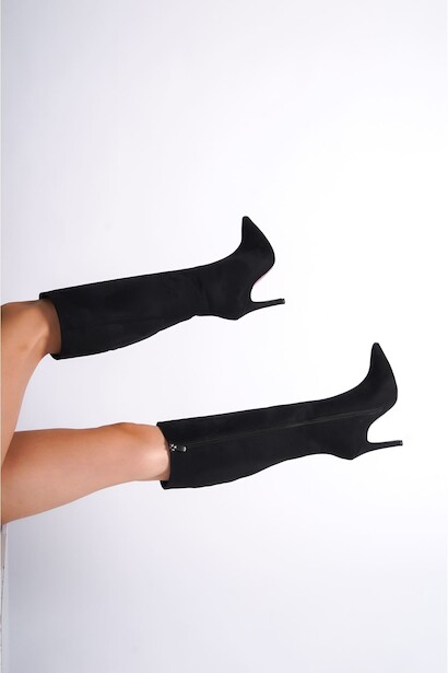 Kadın Sivri Burun Yüksek Topuklu Diz Altı Çizme Limbo  Siyah Süet 4