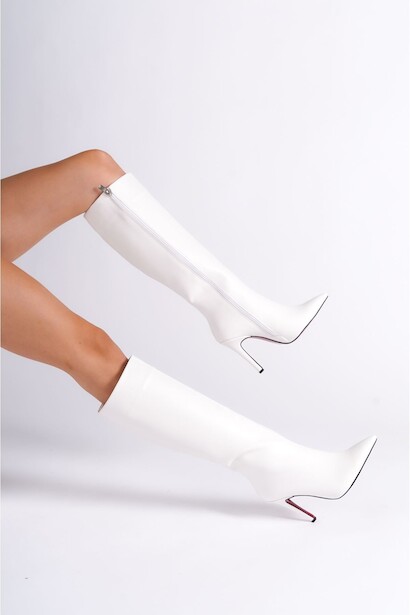 Kadın Sivri Burun Yüksek Topuklu Diz Altı Çizme Limbo  Beyaz Cilt  4