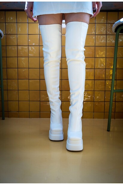 Kadın Çift Platform Yüksek Topuklu Diz Üstü Streç Çizme Reilly  Beyaz Cilt  4