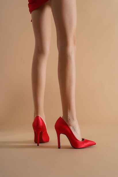 Kadın İnce Topuklu Ayakkabı Stiletto Tokyo  Kırmızı Saten  4