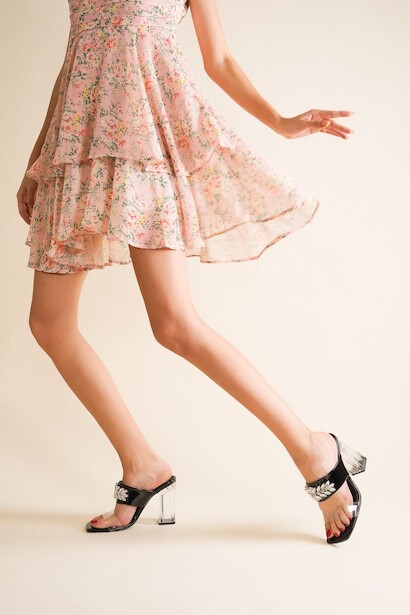 Kadın Taş Detaylı Şeffaf Topuklu Terlik Traja  Siyah Rugan 4