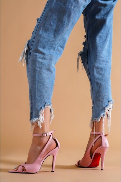 Kadın Sivri Burun Tasarım Topuklu Ayakkabı Velvet Pudra  4