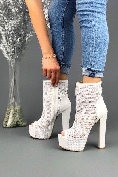 Kadın Yüksek Topuk Fileli Yazlık Bot Yoko  Beyaz Cilt  2