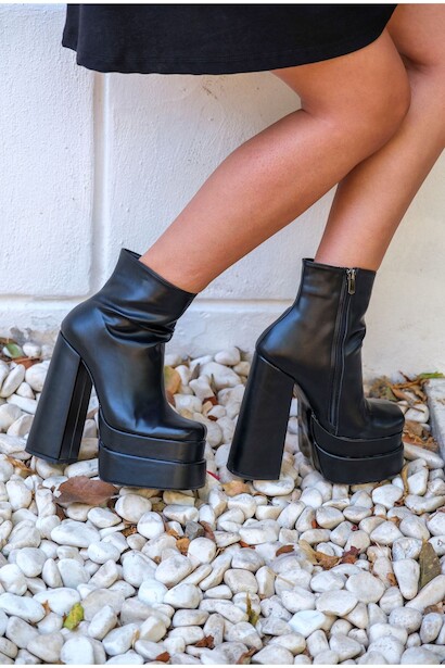 Kadın Çift Platform Kalın Topuk Bot Vega  Siyah Cilt 4