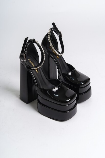 Kadın Çift Platform Özel Tasarım Nikah Ve Gelinlik Yüksek Topuklu Kadın Ayakkabısı Figoro  Siyah Rugan 4