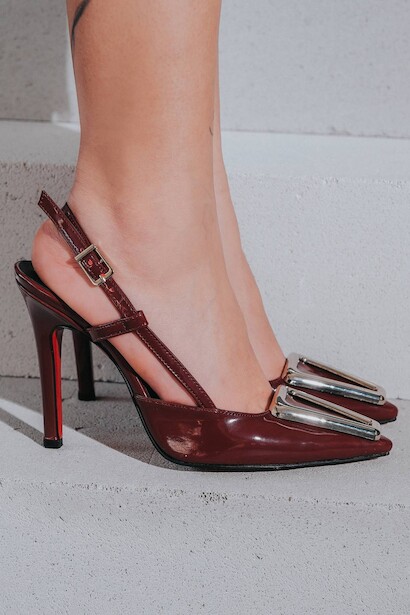 Kadın Özel Tokalı İnce Topuklu Ayakkabı Tina  Bordo Cilt 4
