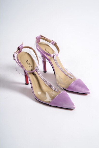 Kadın Taş Detay Sivri Burun Topuklu Ayakkabı Katrina Lila Saten  4
