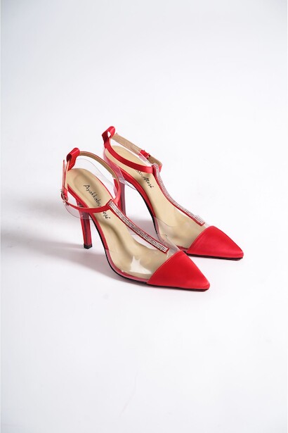 Kadın Taş Detay Sivri Burun Topuklu Ayakkabı Katrina Kırmızı Saten  4