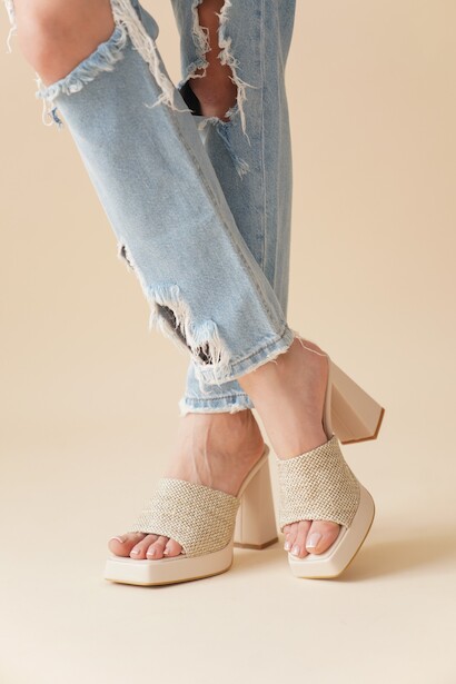 Kadın Platform Topuklu Terlik Piyole  Bej 6