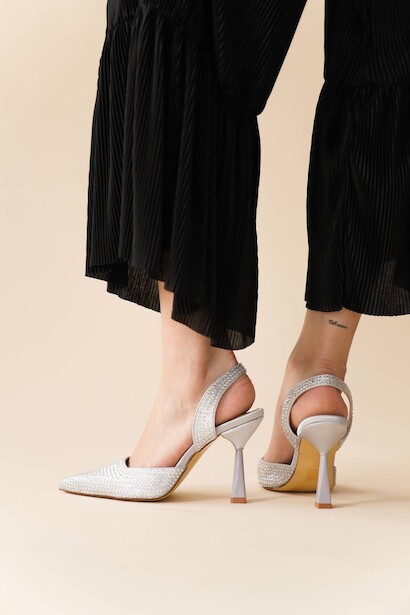 Gri Saten Taş Baskılı Kadın Tasarım Topuklu Ayakkabı Tassie  Gri Saten  6