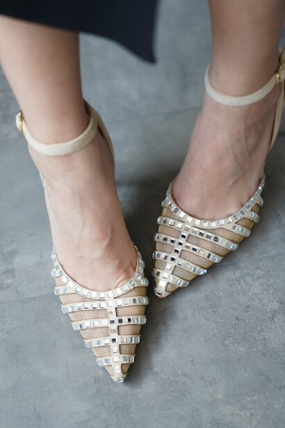 Bej Süet Taş File Detaylı Kadın İnce Topuklu Ayakkabı İmurca  Bej 6