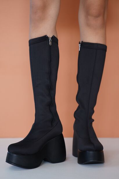 Kadın Dolgu Topuk Streç Diz Altı Çizme Veral  Siyah Süet 4