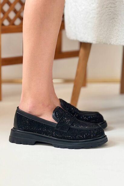 Kadın Parlak Taş Detaylı Loafer Günlük Ayakkabı Glisera  Siyah 4