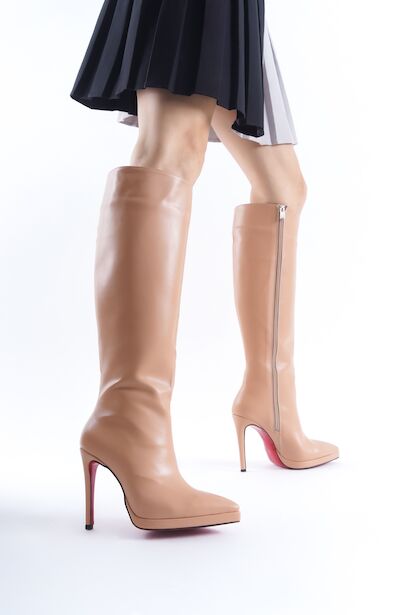 Kadın Diz Altı Kısa Platform Topuklu Çizme Amazen  Nude Cilt 4