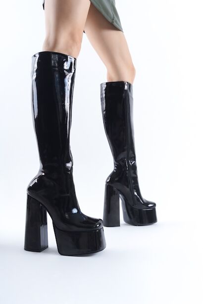 Kadın Diz Altı Yüksek Topuk Platform Çizme Juvily  Siyah Rugan