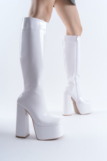 Kadın Diz Altı Yüksek Topuk Platform Çizme Juvily  Beyaz Rugan  4