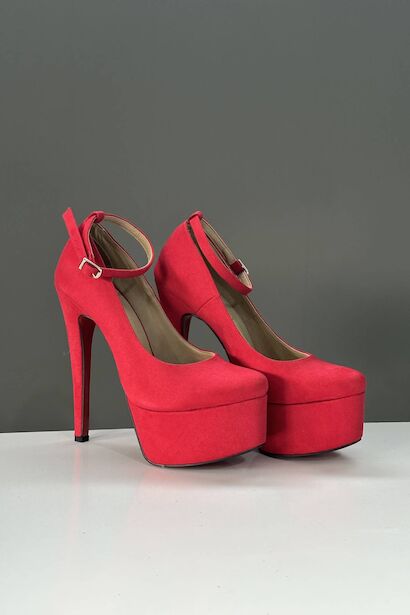 Kırmızı Süet Platform Topuklu Kadın Ayakkabısı  Kırmızı Süet